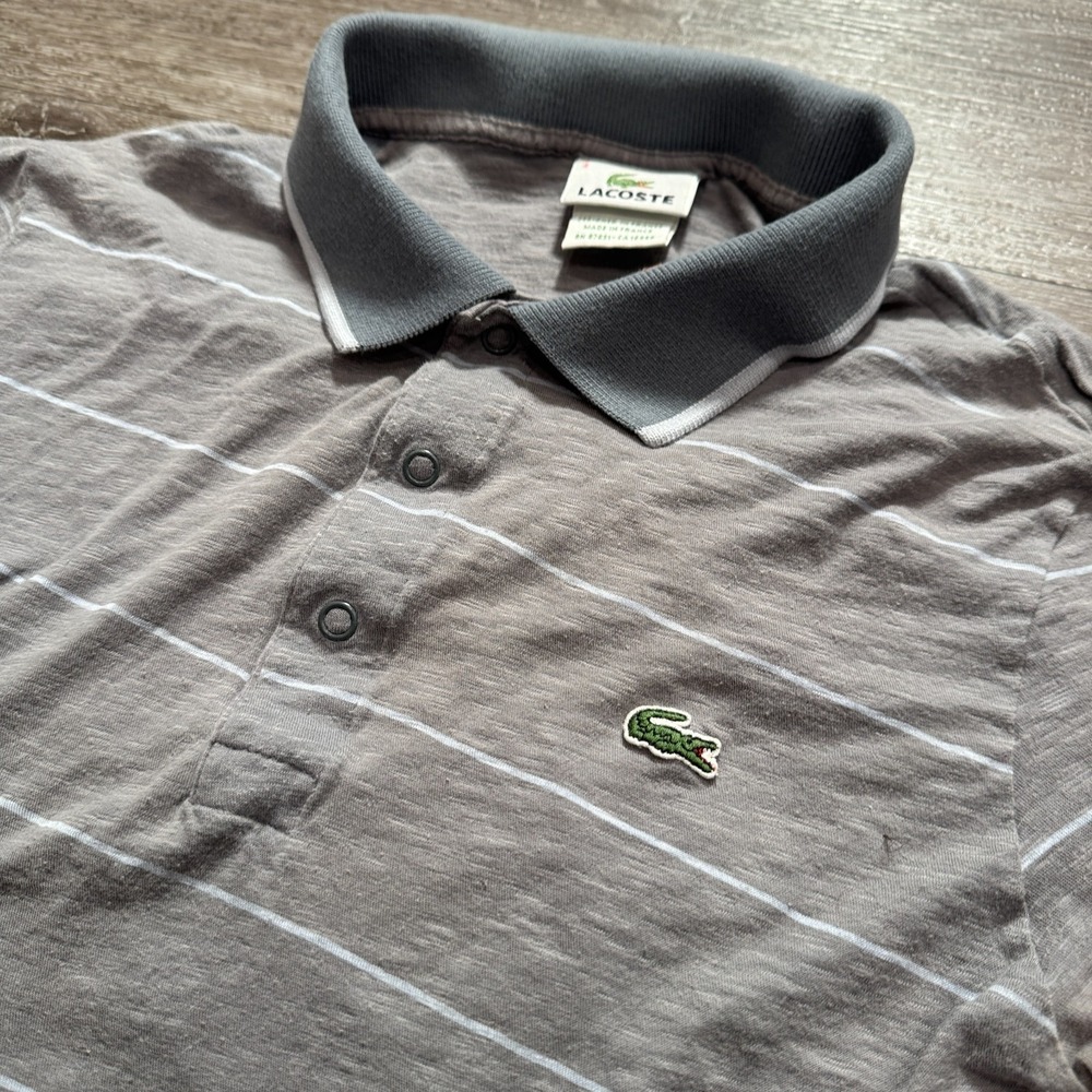 Lacoste Polo Shirt Mens 4 M Gray Stripe 100% Cotton Crocodile‎ Logo Preppy Golf